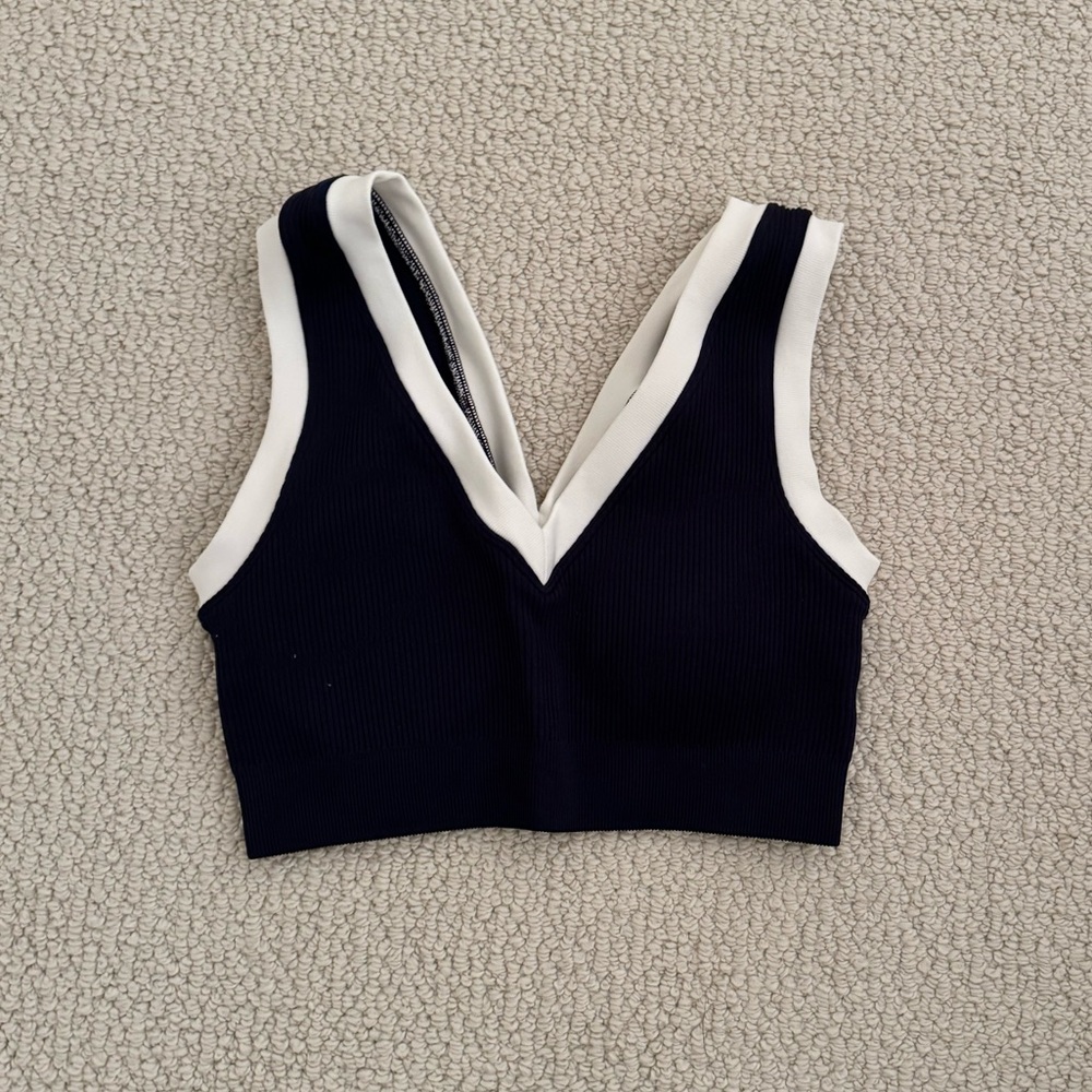 Navy and White Ribbed Workout Bra Top